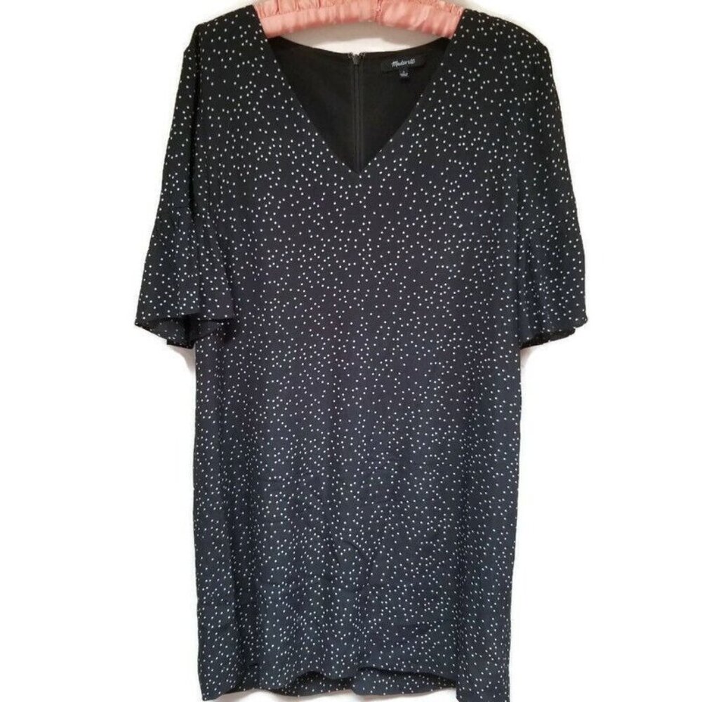 Madewell Size 2 Viscose V-Neck Black Polka Dot Ruffle Sleeve Shift Dress Lined